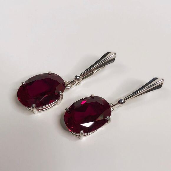 GORGEOUS 12ctw Oval Cut Ruby Earrings in Sterling Silver Lab Grown Ruby - Picture 3 of 6